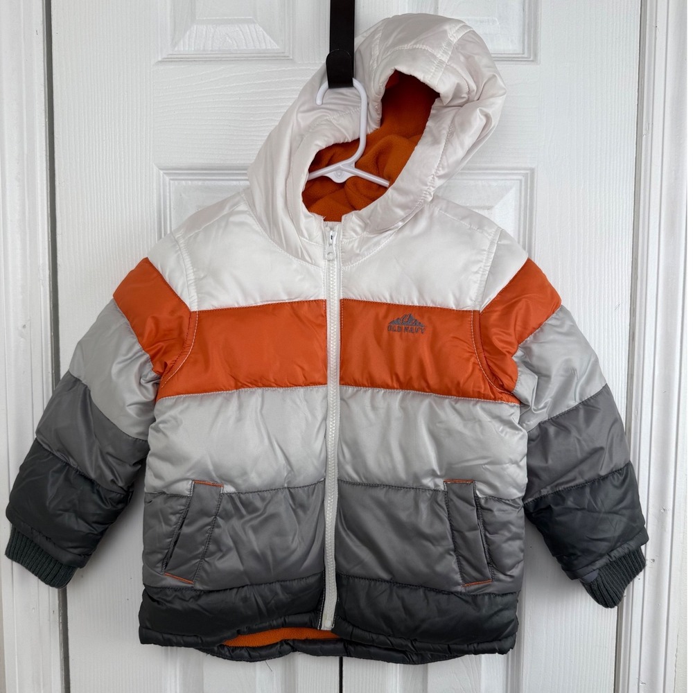 Old Navy Puffer Coat Lined White Orange Gray Color Block Hooded‎ 3T Winter
